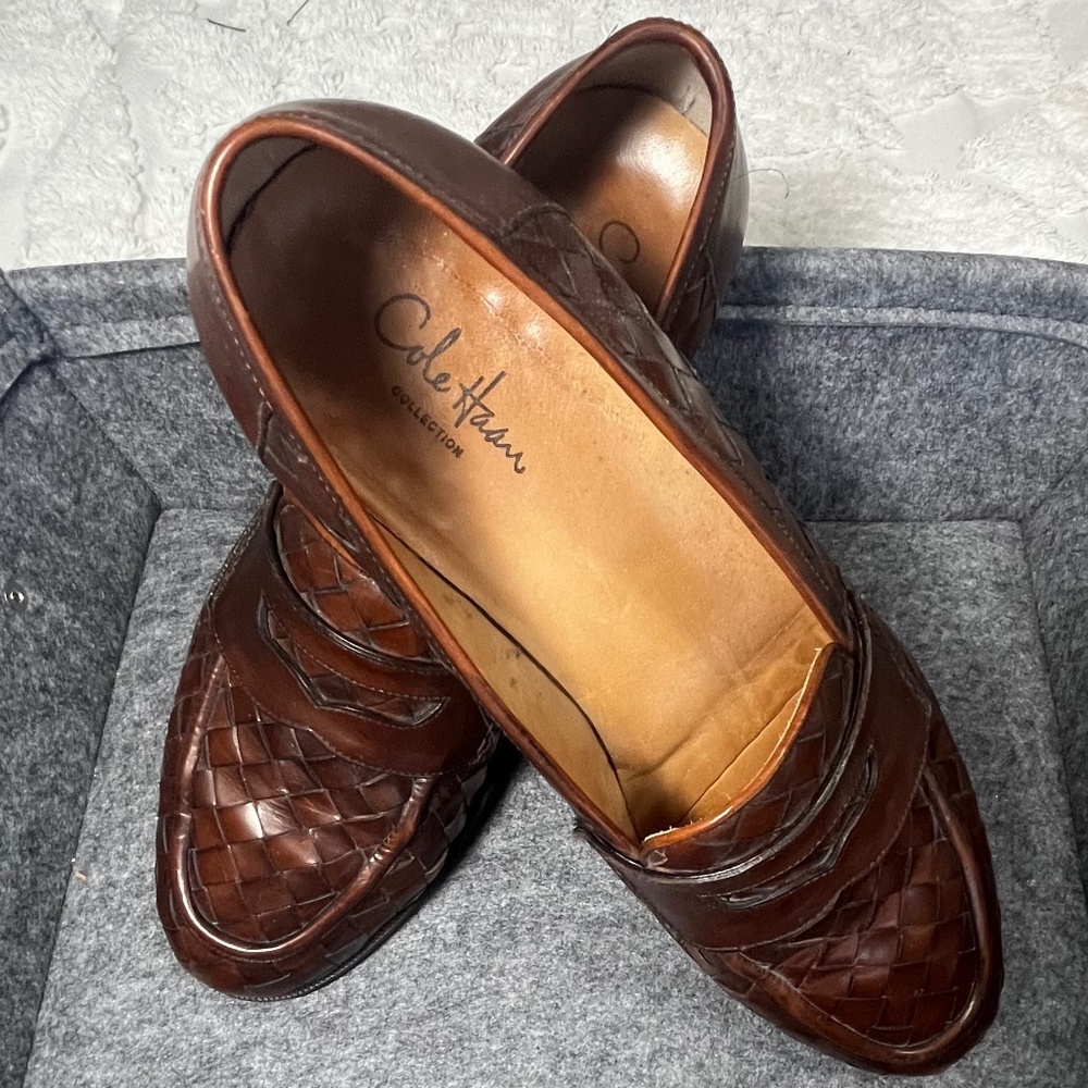 Vintage Cole Haan Woven Leather Loafers Size 9D Rich Brown Color